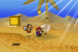 Mario finding a Coin in the scene A7 of Dry Dry Desert of Paper Mario.