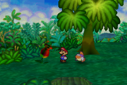 Mario finding 3 Coins from a Trumpet Plant in Jade Jungle of Paper Mario.