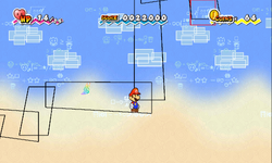 Mario being flipped along with strange rectangles on Mount Lineland.