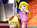 Peach gasps in horror after witnessing a horde of Bob-ombs stowing aboard Bowser's balloon.