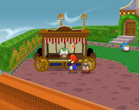 A green Toad girl selling Fresh Pasta in her stand in the second scene of Poshley Heights.