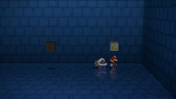 Ninth block in the Palace of Shadow in the remake of Paper Mario: The Thousand-Year Door for the Nintendo Switch.