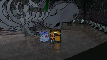 Last treasure chest in the Pit of 100 Trials in the remake of Paper Mario: The Thousand-Year Door for the Nintendo Switch.