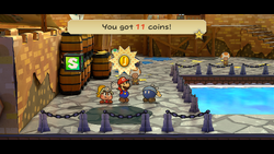 Mario getting 11 Coins from Bomberto in Paper Mario: The Thousand-Year Door for Nintendo Switch.