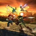 Group artwork of Mario, Link, Zero Suit Samus, and Pit brawling it out