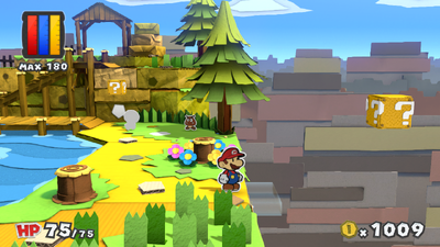 Mario in front of the unrevealed platform in Sunglow Ridge of Paper Mario: Color Splash.