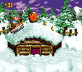 The Kongs ride a toboggan on a house with a DK Barrel