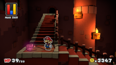 Mario near a Heart in The Crimson Tower of Paper Mario: Color Splash.
