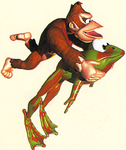 Donkey Kong rides on Winky the Frog in Donkey Kong Country.