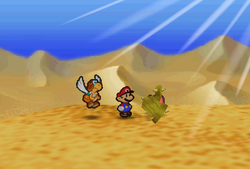 Mario finding Fire Flower in the scene A6 of Dry Dry Desert of Paper Mario.