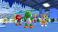 Yoshi, Knuckles, Tails, and Peach from Mario & Sonic at the Olympic Winter Games.