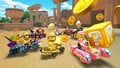 Peach (Vacation), Gold Mario, Luigi (Gold Knight), Daisy (Thai Dress), Donkey Kong (Gladiator), Rosalina (Volendam), Toad (Tourist), and Pauline driving on the course