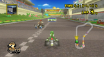Yoshi about to cross the finish line with a POW Block above his kart