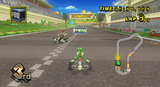 Yoshi about to cross the finish line with a POW Block above his kart.