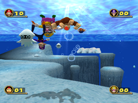 Bloopers attacking Waluigi and Wario in Manta Rings in Mario Party 4