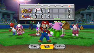 Mario wins MVP after his team defeated the Wario Muscles, in Mario Super Sluggers.