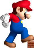 Artwork of Mega Mario about to crush a brick for New Super Mario Bros.