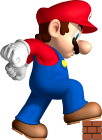 Artwork of Mega Mario about to crush a brick for New Super Mario Bros.