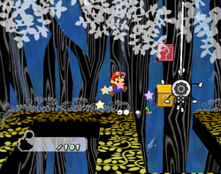 Screenshot of Mario using Koops to reveal a hidden "stepping stone" ? Block in The Great Tree, in Paper Mario: The Thousand-Year Door.