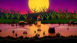 Mario at a hidden ? Block location in Twilight Trail, in the remake of the Paper Mario: The Thousand-Year Door for the Nintendo Switch.