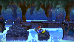 Mario getting the Star Piece above a small plaform in the first spike room of Pirate's Grotto in the remake of the Paper Mario: The Thousand-Year Door for the Nintendo Switch.