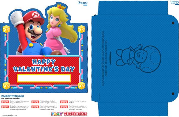 Printable sheet for a Valentine's Day card envelope featuring Mario and Princess Peach