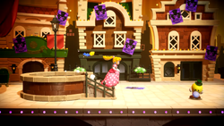 Princess Peach entering the stage in the city with Sour Bunch posters in The Perfect Infiltration in Princess Peach: Showtime!