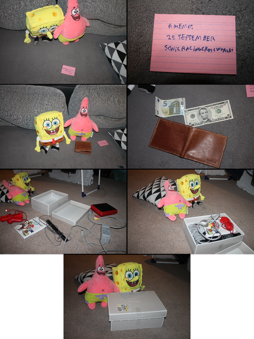 Seven photographs are shown in comic format, arranged left to right, top to bottom. The first shows plushes of SpongeBob and Patrick with a memo. The second shows a close view of the memo, which is for remembering to buy Sonic Racing: CrossWorlds on the 25th of September. The third shows SpongeBob and Patrick with a wallet again, like in March's issue. The fourth zooms in on the wallet, now opened, with $5 bill and 5€ bills, and obviously they can't buy Sonic Racing: CrossWorlds for this amount of money. In the fifth Image, SpongeBob and Patrick are shown with a box for a packaging a Wii Mini for selling to maybe a random dude. The sixth panel shows a SpongeBob and Patrick is almost have the package ready, while in the seventh, SpongeBob and Patrick are ready, with the Wii Mini packaged to be sent to a random dude so they can get money to buy the game.