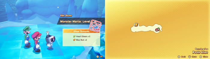 Mario and Luigi being given 2 Heart Beans and 2 Max Nuts from Monster Maniac No. 3 on Petit Islet of Mario & Luigi: Brothership.