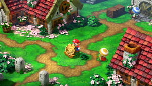 Mario finding Greaper Flag behing the sign in Rose Town of Super Mario RPG.