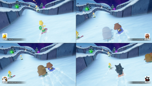 The snowboarding minigame from Super Mario Party Jamboree