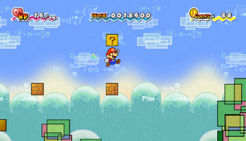 Location of where the first hidden block is in Super Paper Mario, block revealed.