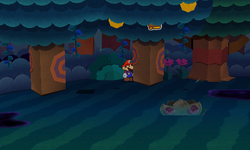 Mario near a tree containing 2 Coins and a Jump Sticker in Strike Lake of Paper Mario: Sticker Star.