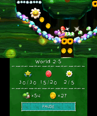 Smiley Flower 3: To the left area of a Spinner after the Egg Plant. Purple Yoshi needs to reveal it by hitting a Winged Cloud, then using Donut Blocks to descend and run to collect it while avoiding the spinner.