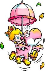 Artwork of Baby Peach riding on Pink Yoshi in Yoshi's Island DS