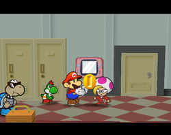 Mario getting Coins from Jolene after the match in the major league in Glitz Pit of Paper Mario: The Thousand-Year Door.