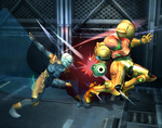 Gray Fox attacking Samus Aran in Super Smash Bros. Brawl