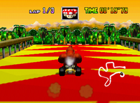 Donkey Kong on a Dash Panel in DK's Jungle Parkway in the game Mario Kart 64.