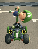 Baby Luigi performing a trick.