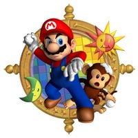 Promotional artwork of Mario with a Ukiki holding snowballs, inspired by the Snow Brawl minigame