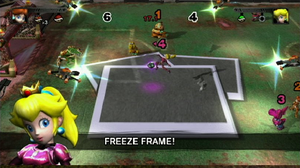 Peach performing Freeze Frame! in Mario Strikers Charged.