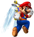 Mario uses F.L.U.D.D.'s Hover Nozzle in Super Mario Sunshine.