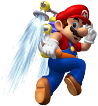 Mario uses F.L.U.D.D.'s Hover Nozzle in Super Mario Sunshine.