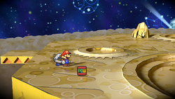 Mario after destroying the rock containing a POW Block on the Moon of Paper Mario: The Thousand-Year Door for Nintendo Switch.