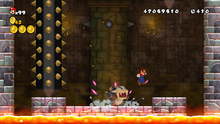 Mario faces Morton Koopa Jr. at his Tower, in New Super Mario Bros. Wii.