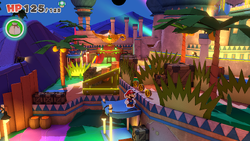 Mario standing near 3 Coins in Shroom City of The Origami King.
