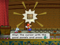 Mario holding Magical Map and using the Power Lift special move in the game Paper Mario: The Thousand-Year Door.