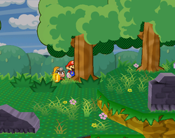 Mario getting a Coin from a tree in the eastern part of Petal Meadows of Paper Mario: The Thousand-Year Door.