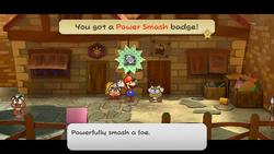 Mario getting a Power Smash Badge from Professor Frankly in Paper Mario: The Thousand-Year Door for Nintendo Switch.