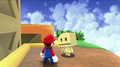 Mario talking to a Whittle in an early version of Puzzle Plank Galaxy.